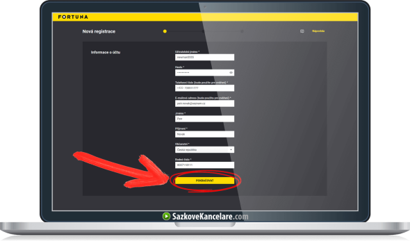 Vyplněný registrační formulář na ifortuna.cz