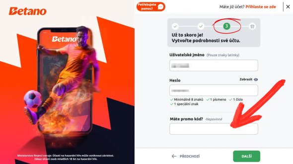 Kde vložit promo kód při registraci v Betano