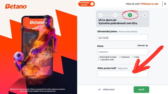 Kde vložit promo kód při registraci v Betano