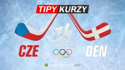 Hokejky s vlajkami reprezentací Česka a Dánska s logem ZOH 2026 Milano Cortina a nápisem TIPY KURZY.
