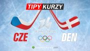 Hokejky s vlajkami reprezentací Česka a Dánska s logem ZOH 2026 Milano Cortina a nápisem TIPY KURZY.