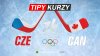 Česko vs Kanada kurzy ZOH 2026 – hokejky s vlajkami CZE a CAN, Milano Cortina 2026
