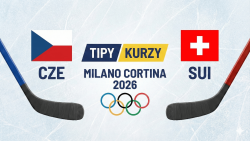Hokejky a vlajky reprezentací Česka a Švýcarska, s logem ZOH 2026 Milano Cortina a textem 