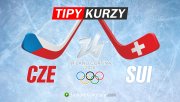 Hokejky a vlajky reprezentací Česka a Švýcarska, s logem ZOH 2026 Milano Cortina a textem 
