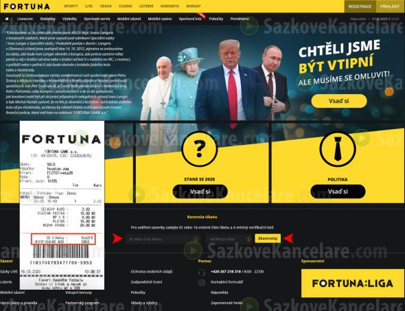 Kontrola tiketu na www.ifortuna.cz