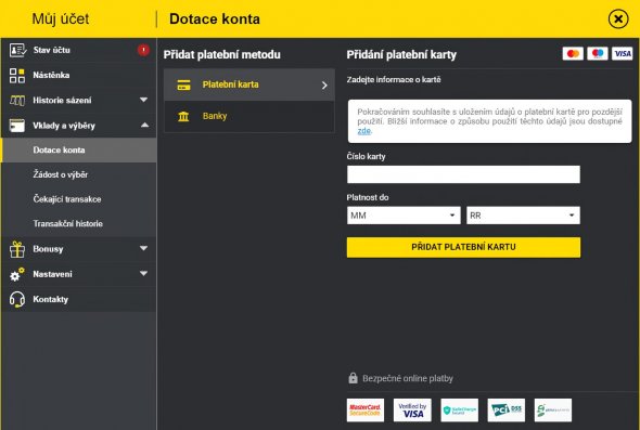 Návod, jak vložit peníze do Fortuny přes platobní kartu