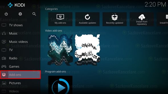 Software KODI a jeho hlavní menu