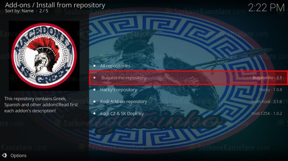 Dostupné KODI repozitáře - vyberte „Bugatsinho repository“