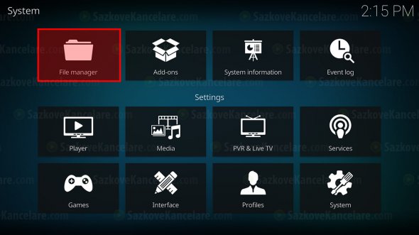 V systémové nabídce KODI klikněte na položku „File manager“