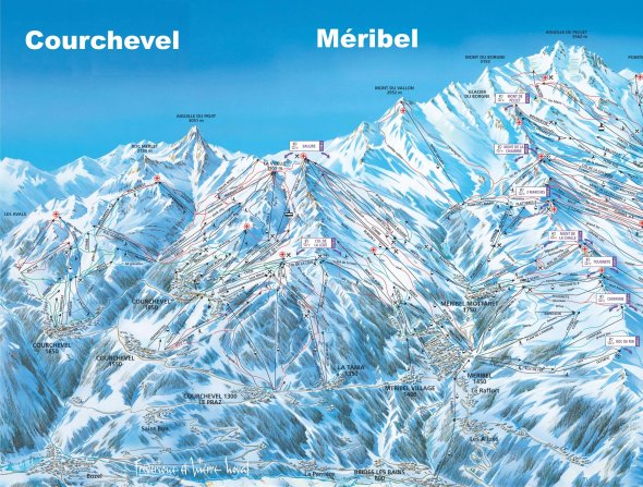 Mapa lyžařských sjezdovek ve střediscích Courchevel a Méribel