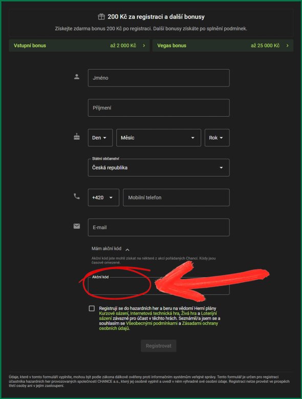 Formulář registrace Chance s polem „Mám akční kód“