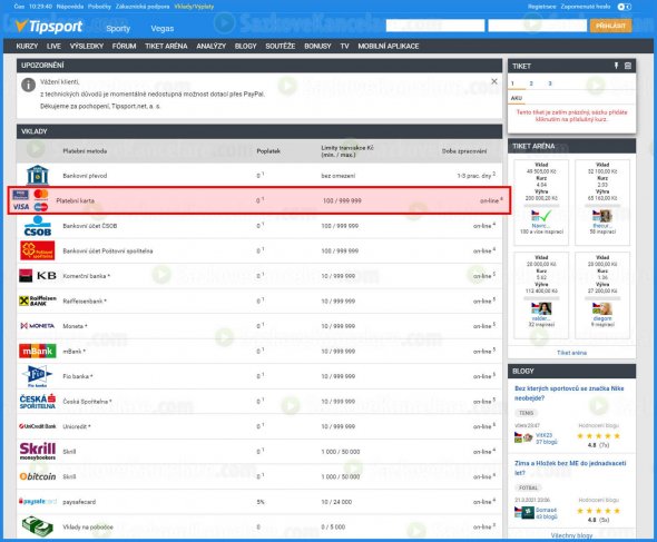 Dostupné metody vkladu na Tipsport.cz