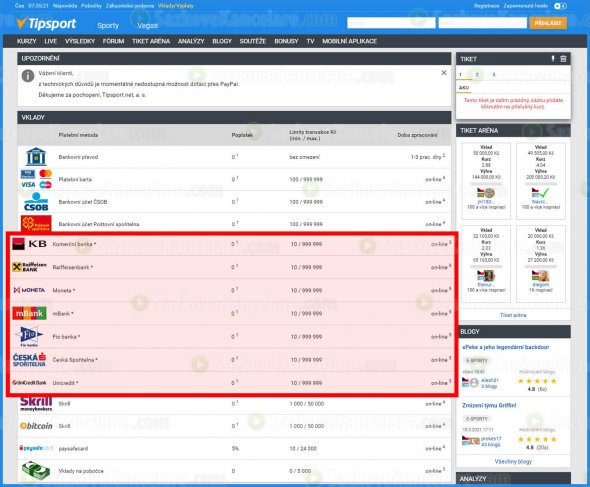 Dostupné metody vkladu na Tipsport.cz