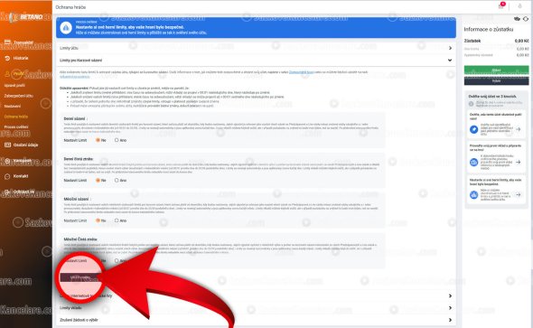 Nastavení limitů v sázkové kanceláři Betano