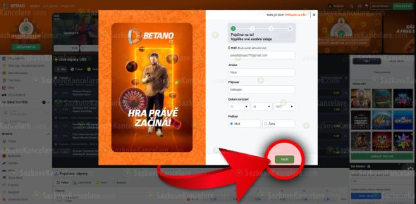 1. část registračního formuláře na Betano.cz