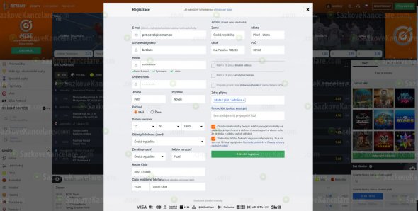 Registrační formulář na Betano.cz