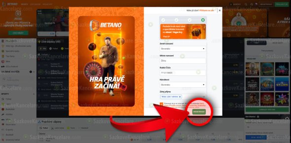 Poslední část registračního formuláře na Betano.cz