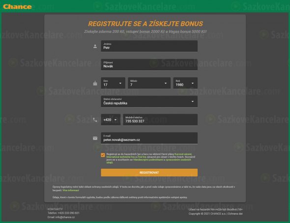 Registrační formulář na Chance.cz