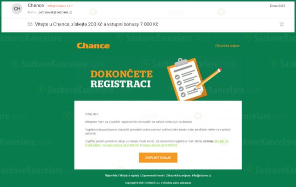 Email s poděkováním za registraci