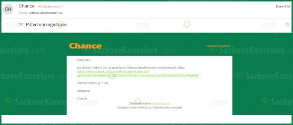 Email od Chance.cz s potvrzovacím linkem