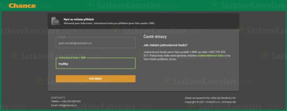 Přihlášení do nového konta na Chance.cz