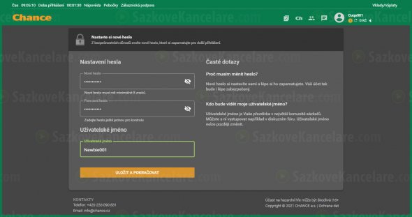 Nastavení nového hesla a uživatelského jména na Chance.cz