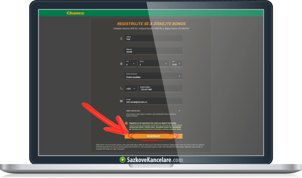 Registrační formulář na Chance.cz