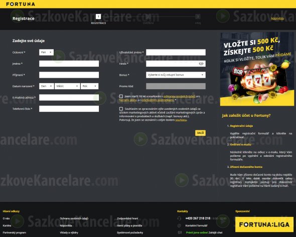 Registrační formulář na ifortuna.cz