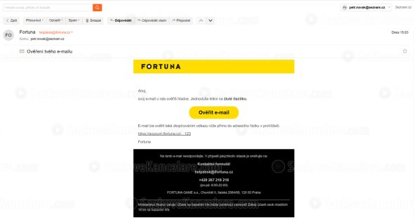 Ověření emailové schránky a e-mail od sázkové kanceláře Fortuna