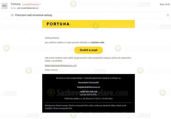Ověření emailové schránky a e-mail od sázkové kanceláře Fortuna