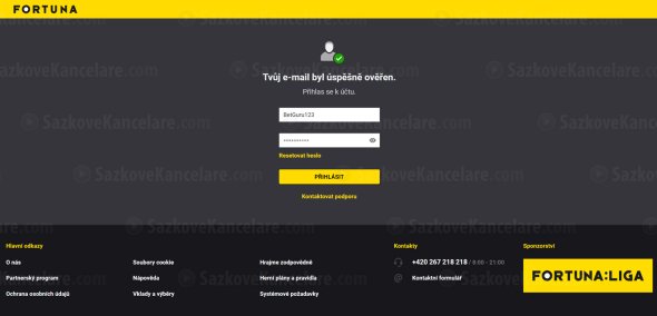 Přihlášení do dočasného konta ve Fortuně