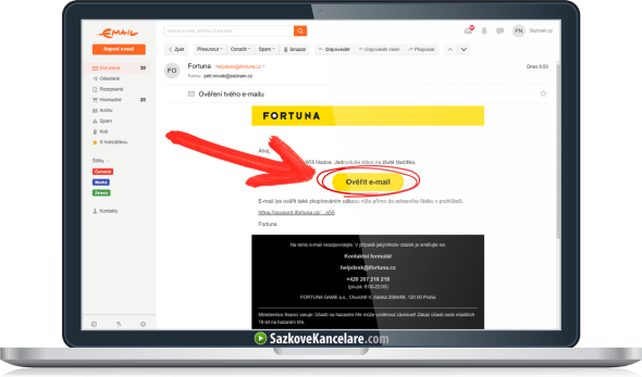 Ověřovací e-mail od sázkové kanceláře Fortuna