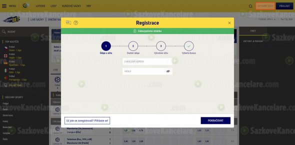 Úvodní obrazovka před začátkem registrace