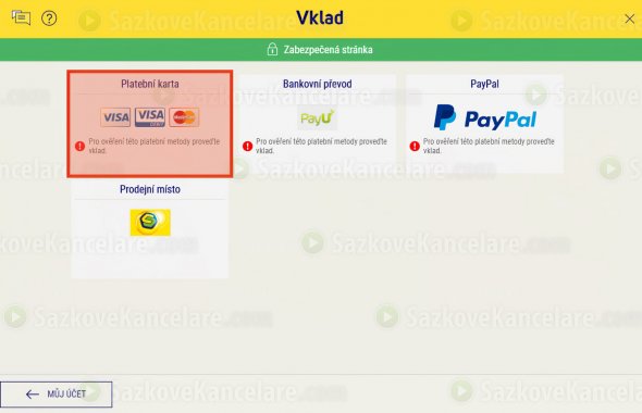 Výběr platební metody pro její ověření – platební karta