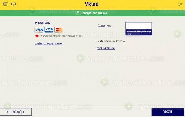 Zadejte částku, kterou chcete vložit přes platební kartu