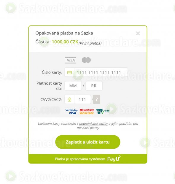 Vyplnění údajů platební karty na platební bráně PayU