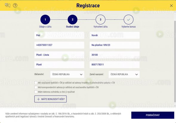 Vyplněný registrační formulář na www.sazka.cz