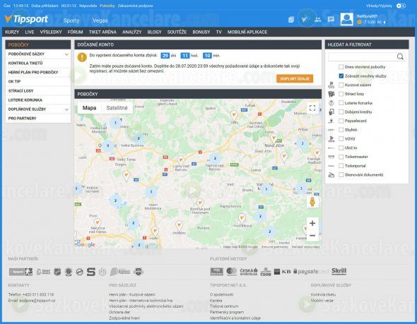 Mapa poboček Tipsportu pro ověření identity