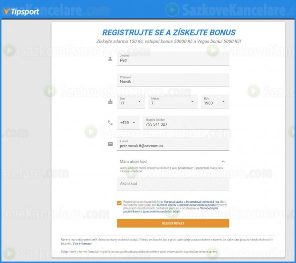 Registrační formulář na Tipsport.cz