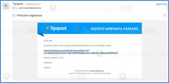 Email s potvrzovacím odkazem od Tipsport.cz
