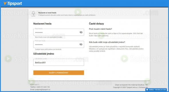 Nastavení nového hesla a uživatelského jména na Tipsport.cz