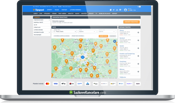 Mapa poboček Tipsportu pro ověření identity