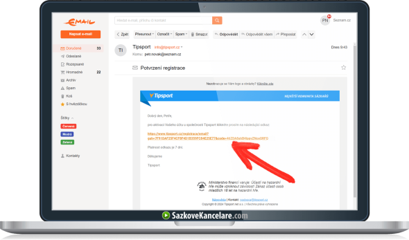 Email s potvrzovacím odkazem od Tipsport.cz