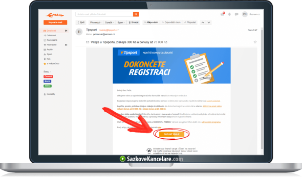 Email s poděkováním za registraci v Tipsportu