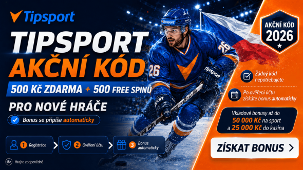 Tipsport akční kód s bonusem 500 Kč zdarma a 500 free spinů pro nové hráče